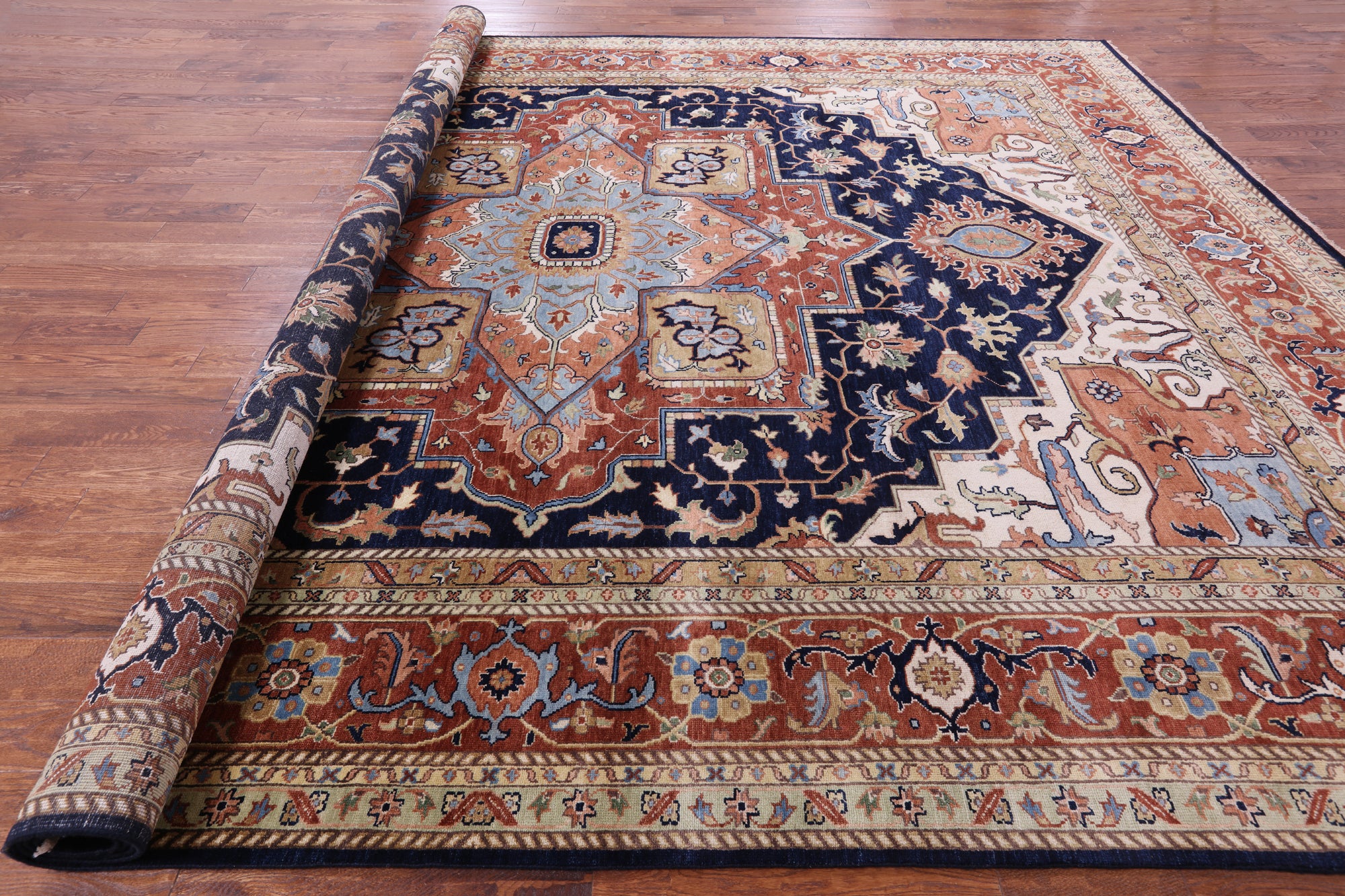 Blue Geometric Heriz Serapi Hand Knotted Wool Rug - 12' 0" X 14' 10" - Golden Nile