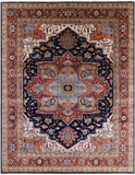 Blue Geometric Heriz Serapi Hand Knotted Wool Rug - 12' 0" X 14' 10" - Golden Nile