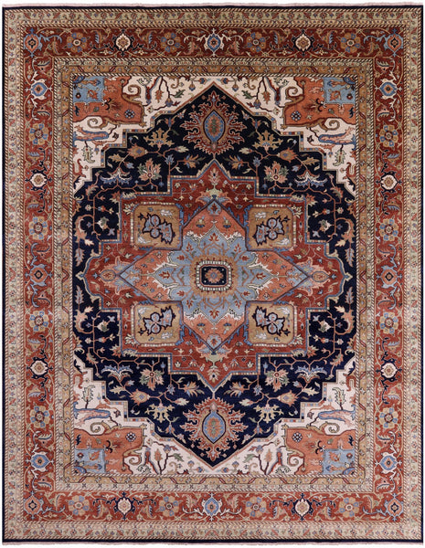 Blue Geometric Heriz Serapi Hand Knotted Wool Rug - 12' 0" X 14' 10" - Golden Nile