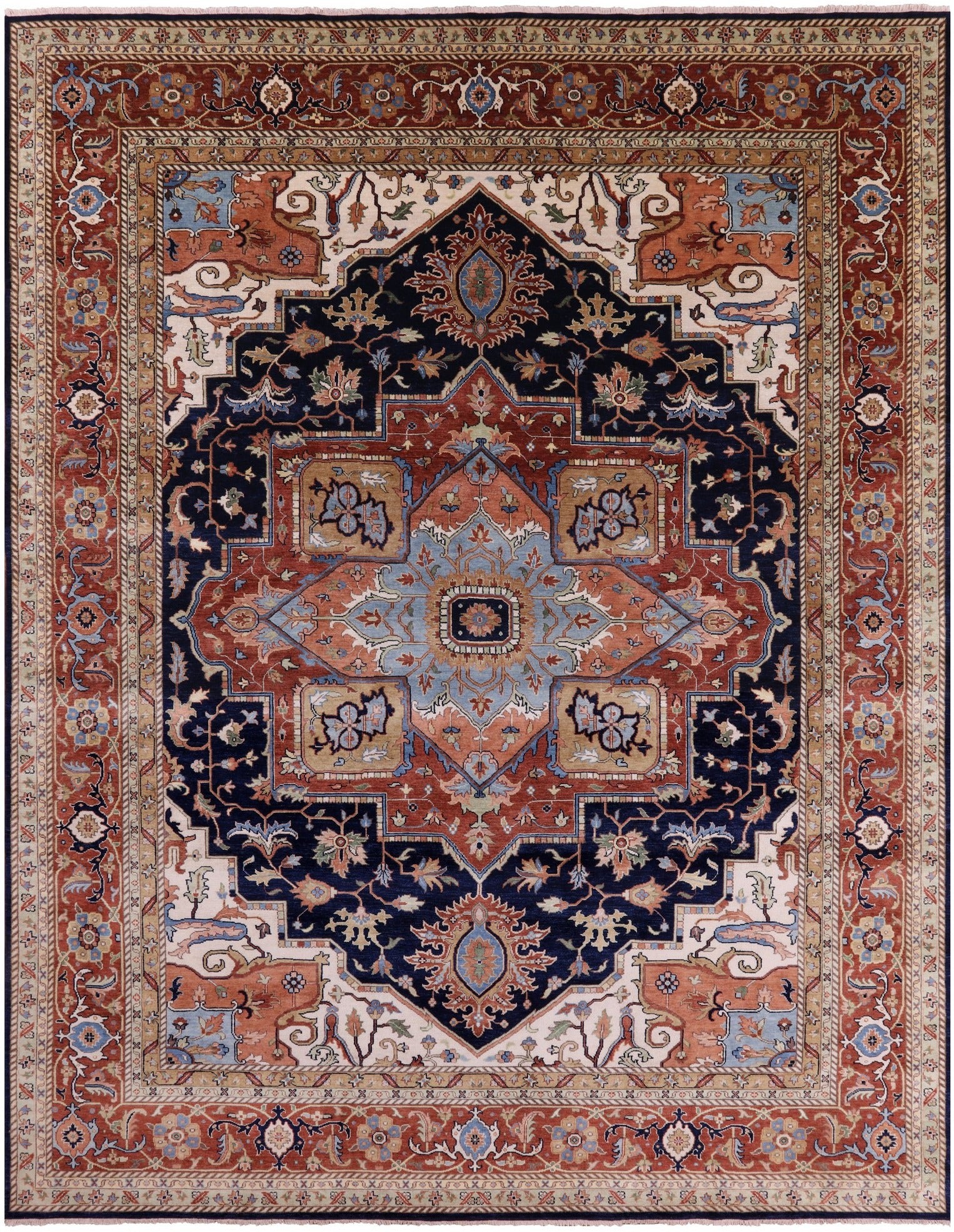 Blue Geometric Heriz Serapi Hand Knotted Wool Rug - 12' 0" X 14' 10" - Golden Nile