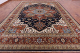 Blue Geometric Heriz Serapi Hand Knotted Wool Rug - 12' 0" X 14' 10" - Golden Nile