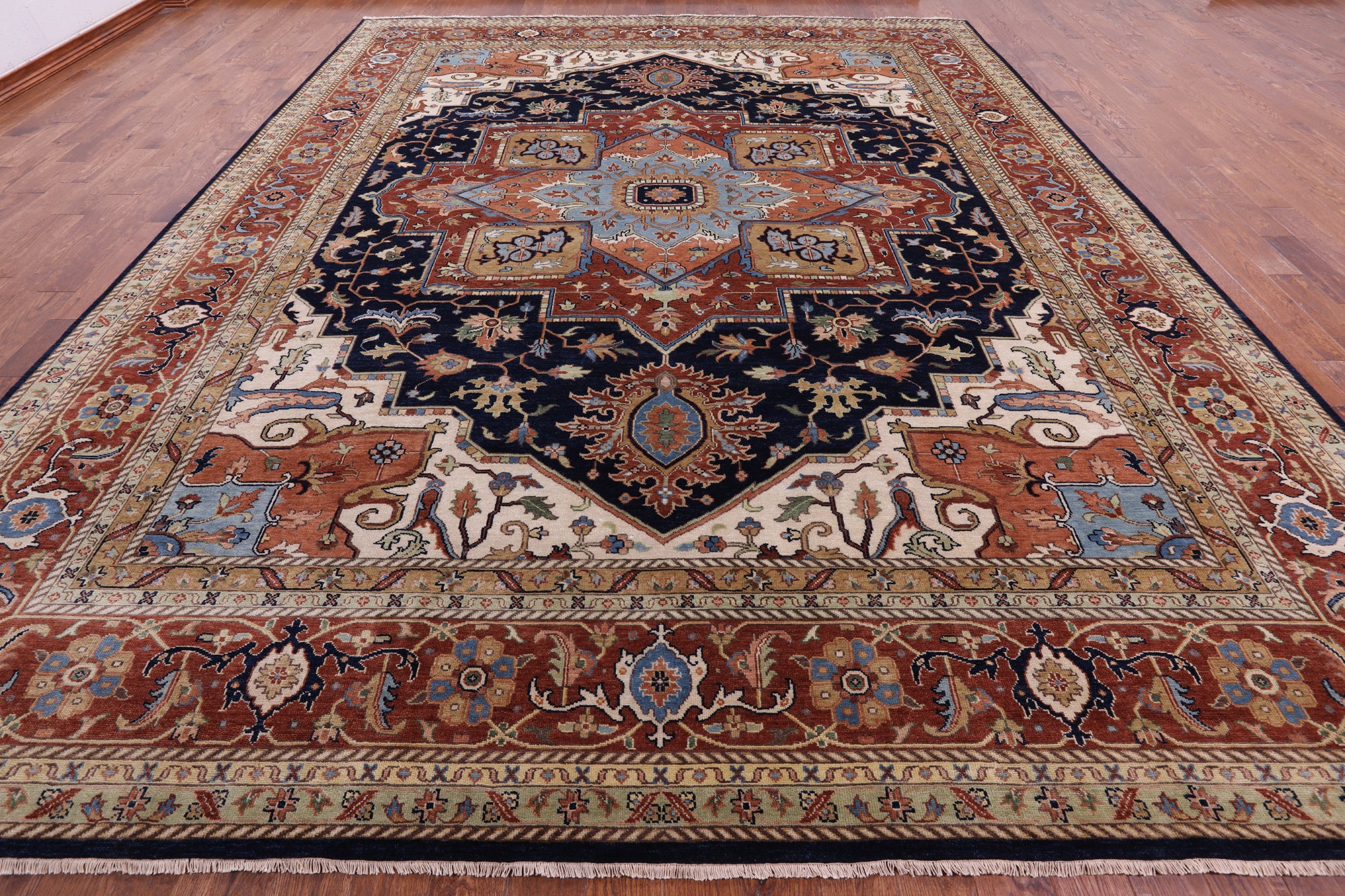Blue Geometric Heriz Serapi Hand Knotted Wool Rug - 12' 0" X 14' 10" - Golden Nile