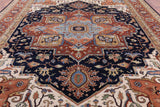 Blue Geometric Heriz Serapi Hand Knotted Wool Rug - 12' 0" X 14' 10" - Golden Nile