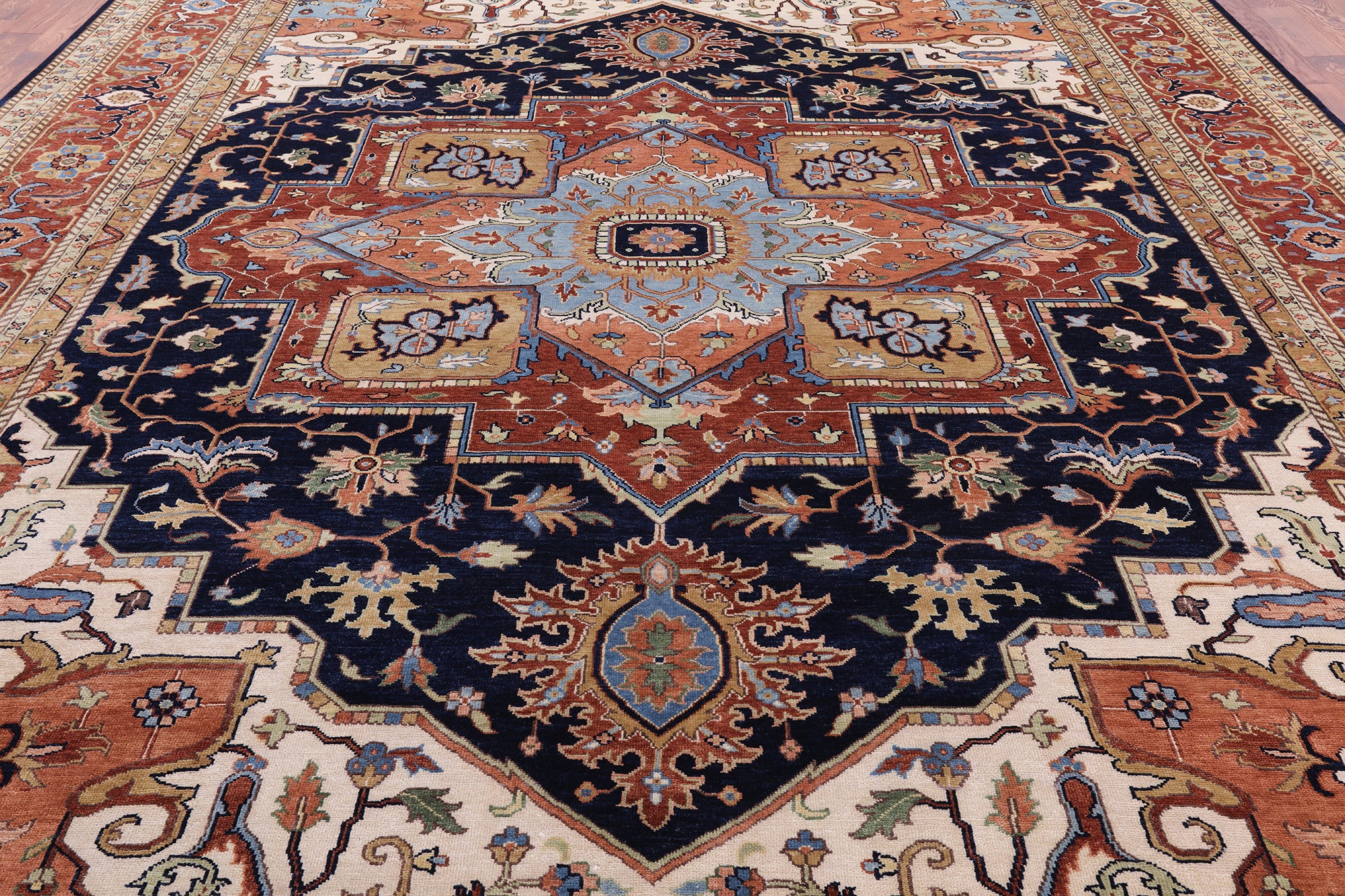 Blue Geometric Heriz Serapi Hand Knotted Wool Rug - 12' 0" X 14' 10" - Golden Nile