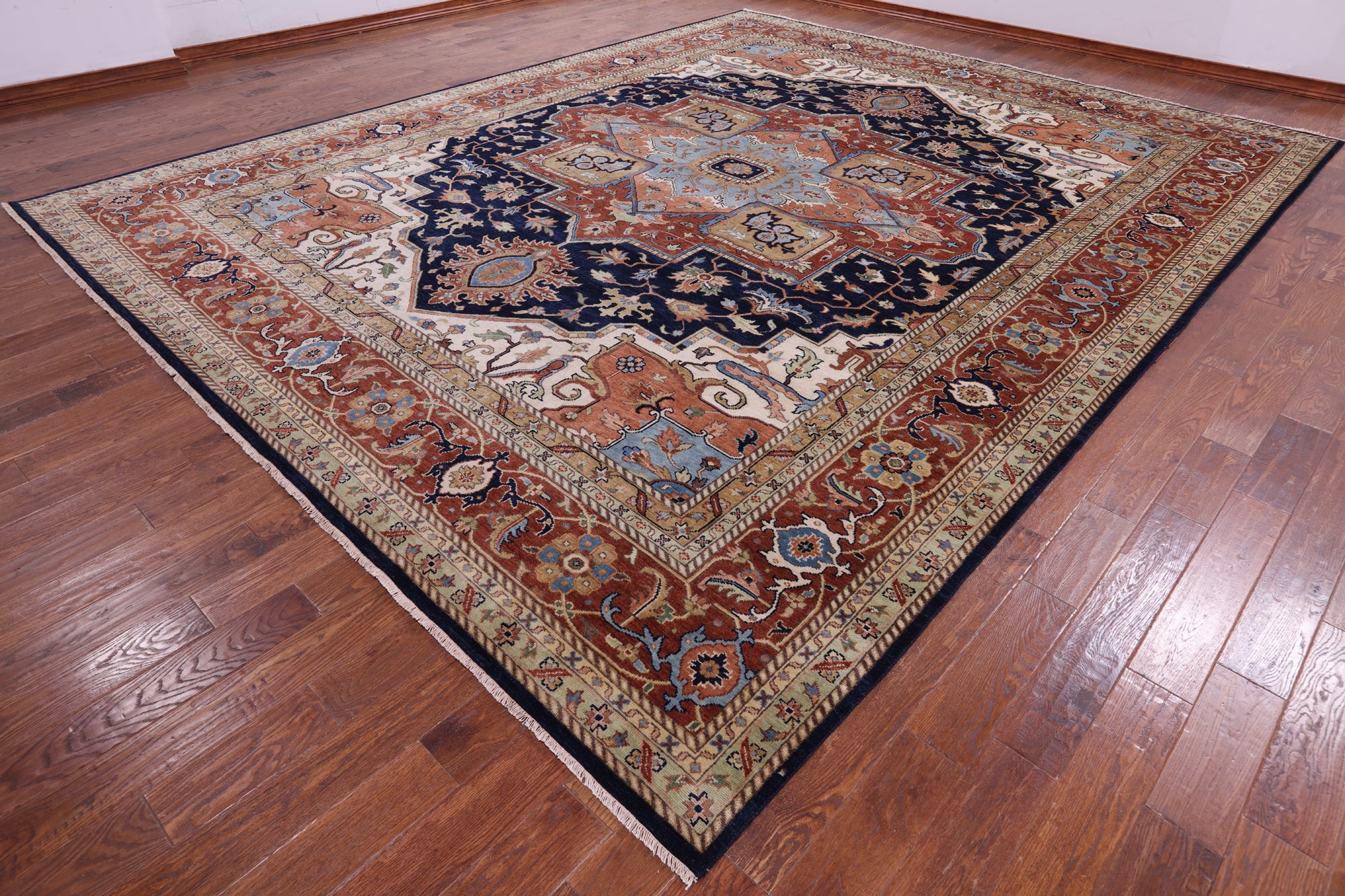 Blue Geometric Heriz Serapi Hand Knotted Wool Rug - 12' 0" X 14' 10" - Golden Nile