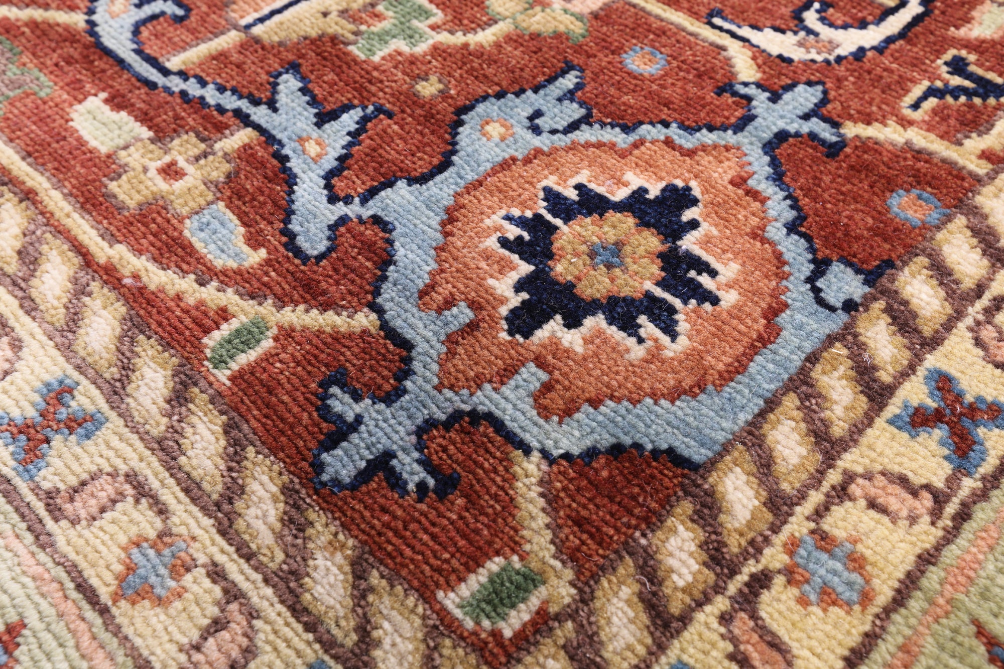 Blue Geometric Heriz Serapi Hand Knotted Wool Rug - 12' 0" X 14' 10" - Golden Nile