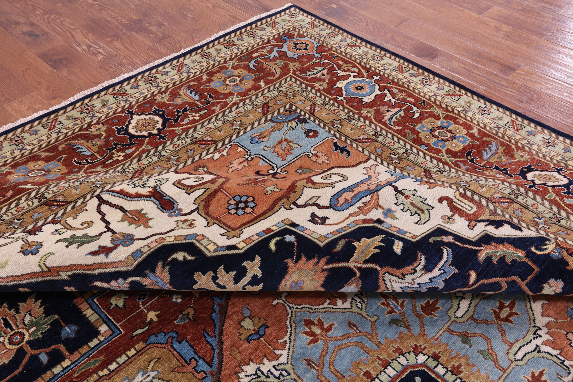 Blue Geometric Heriz Serapi Hand Knotted Wool Rug - 12' 0" X 14' 10" - Golden Nile