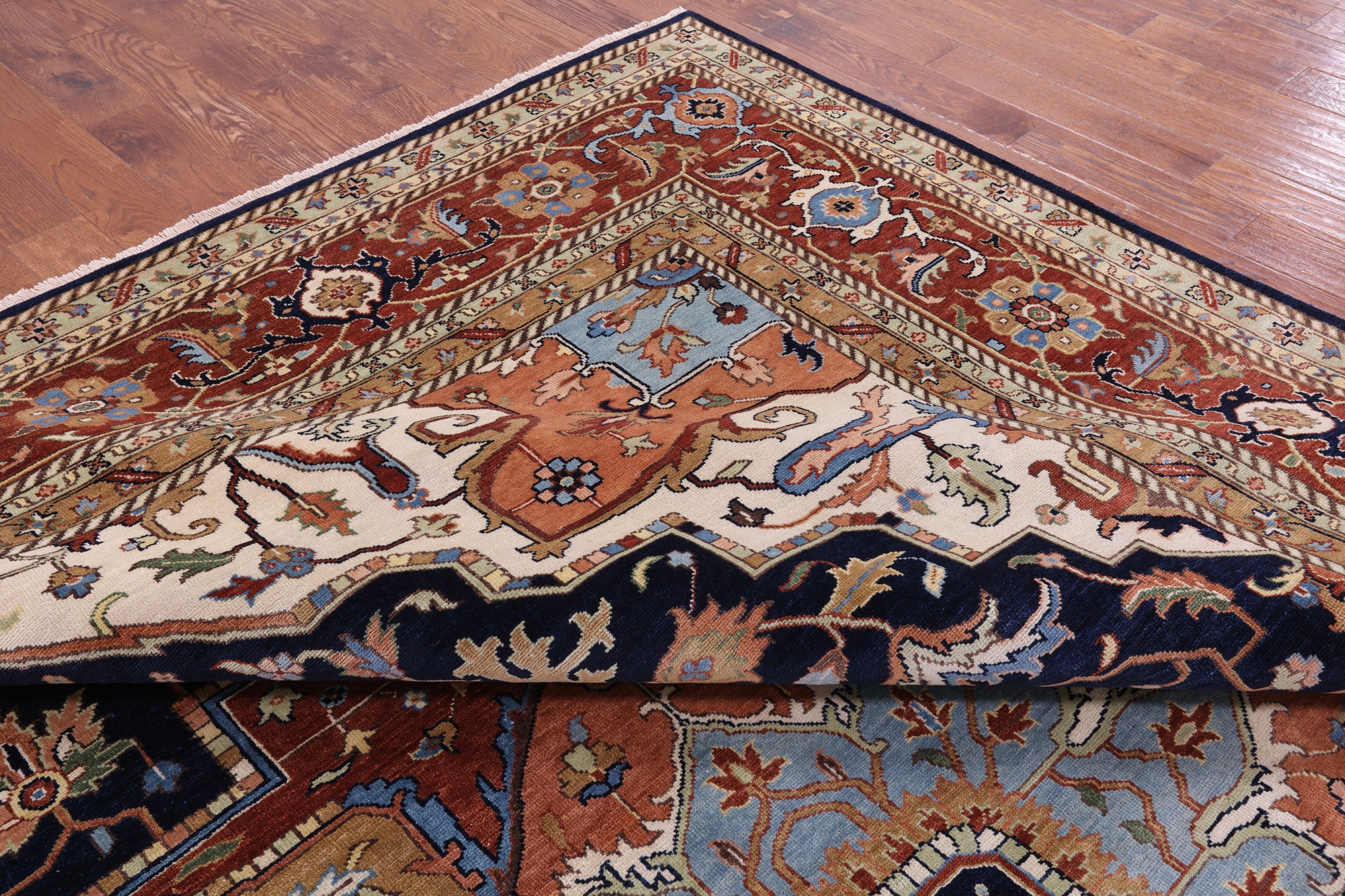 Blue Geometric Heriz Serapi Hand Knotted Wool Rug - 12' 0" X 14' 10" - Golden Nile