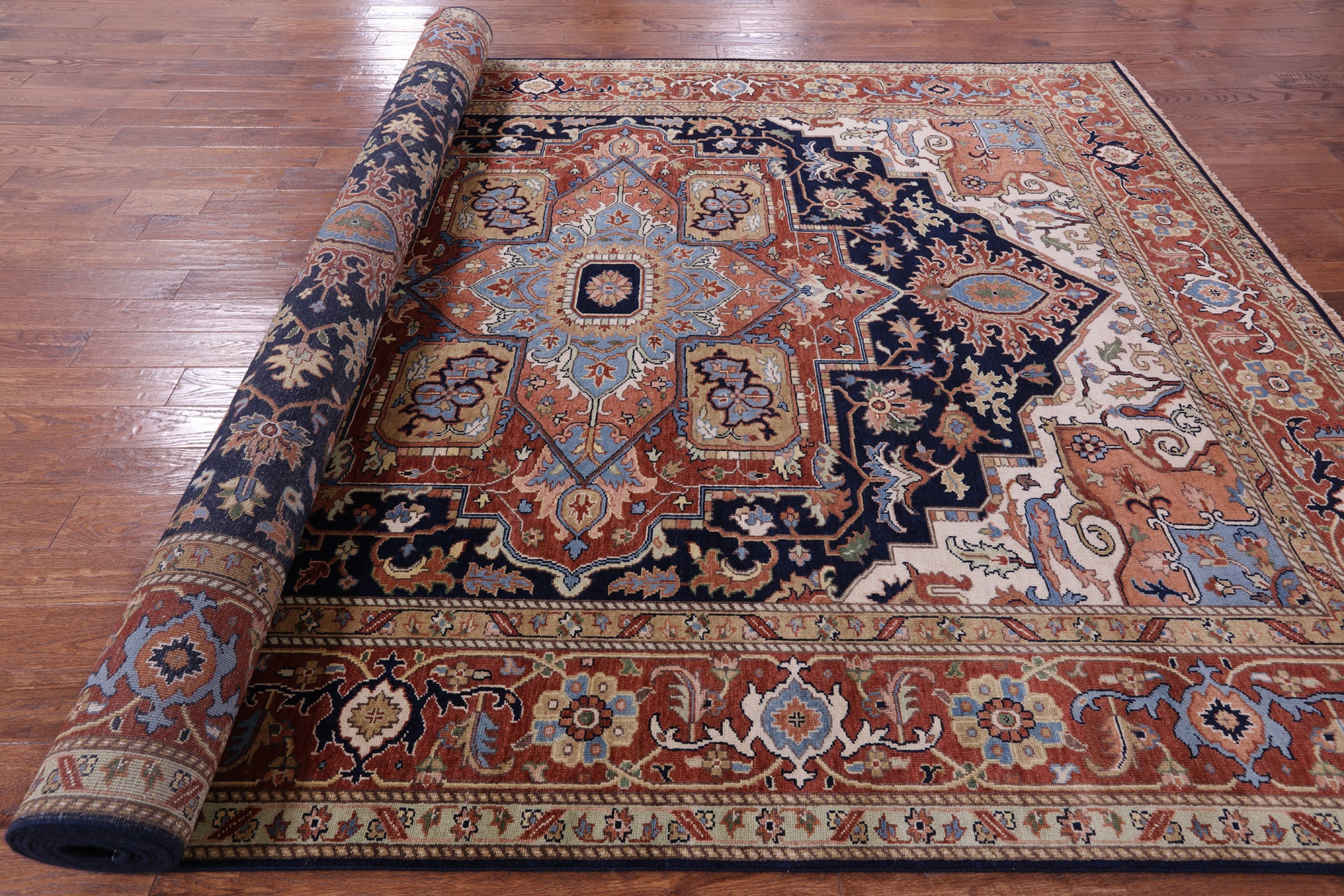Blue Geometric Heriz Serapi Hand Knotted Wool Rug - 9' 0" X 17' 10" - Golden Nile