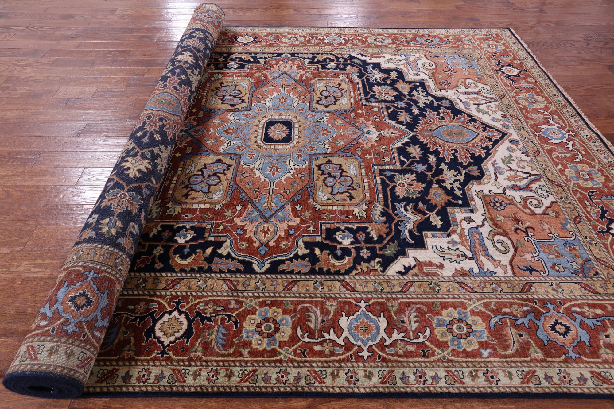 Blue Geometric Heriz Serapi Hand Knotted Wool Rug - 9' 0" X 17' 10" - Golden Nile