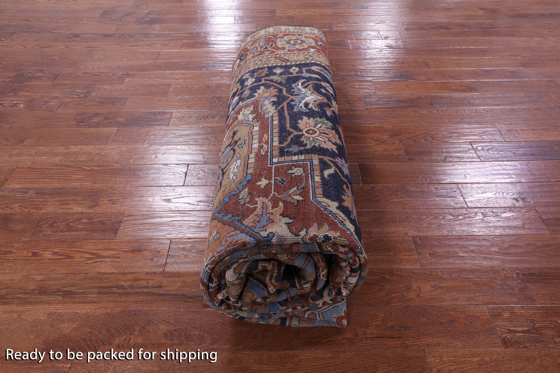 Blue Geometric Heriz Serapi Hand Knotted Wool Rug - 9' 0" X 17' 10" - Golden Nile