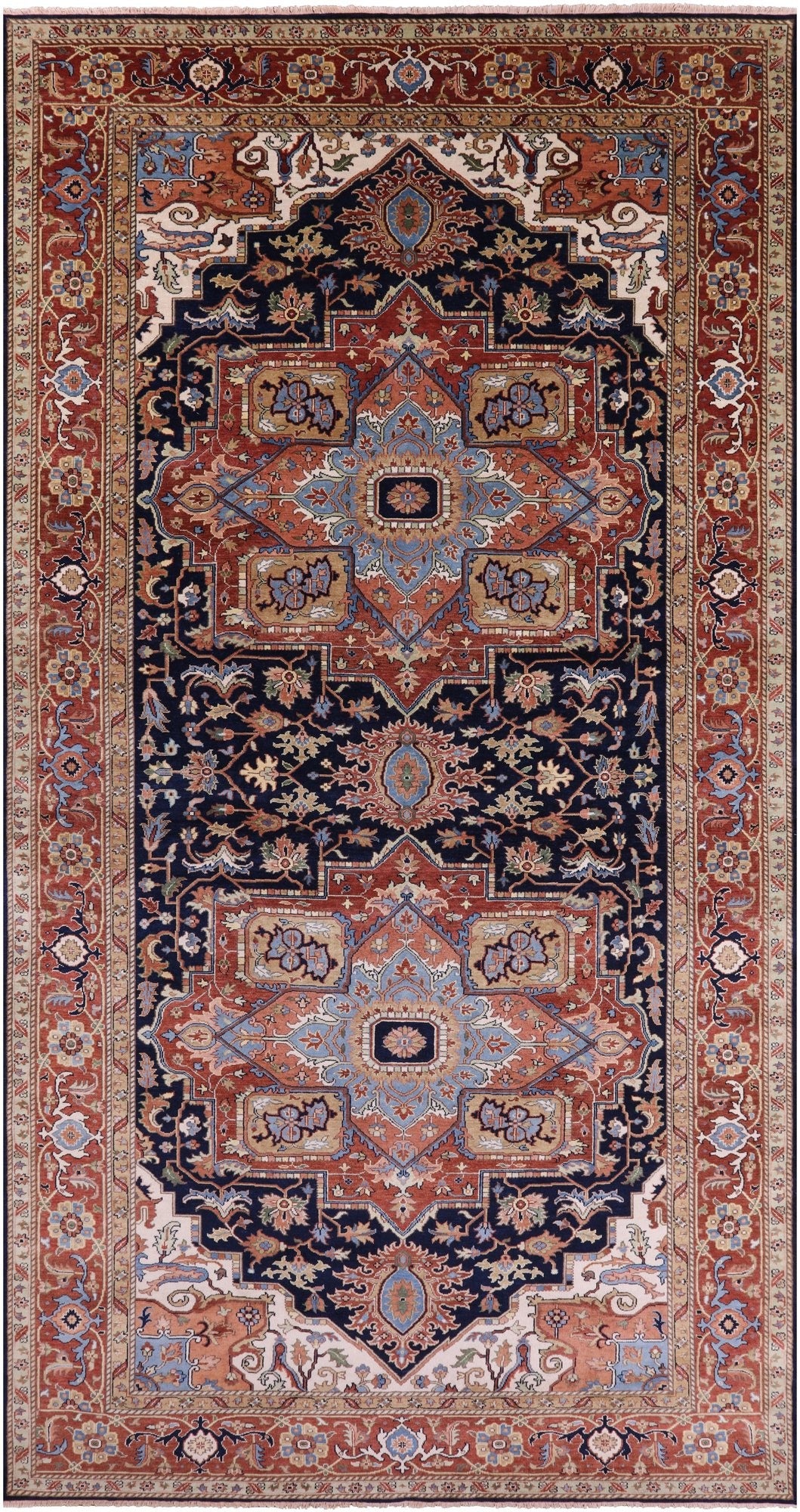 Blue Geometric Heriz Serapi Hand Knotted Wool Rug - 9' 0" X 17' 10" - Golden Nile