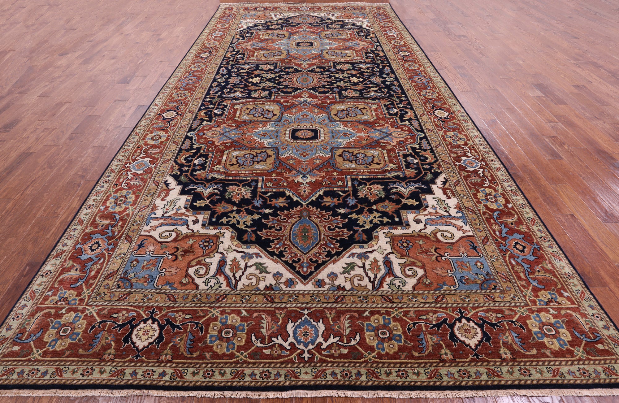 Blue Geometric Heriz Serapi Hand Knotted Wool Rug - 9' 0" X 17' 10" - Golden Nile