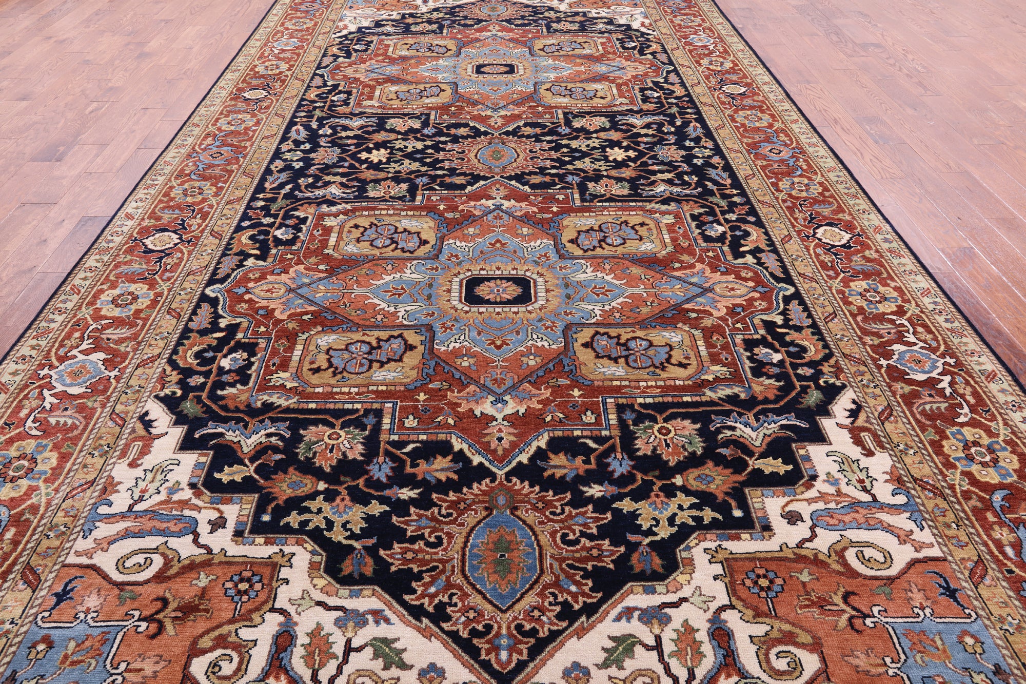 Blue Geometric Heriz Serapi Hand Knotted Wool Rug - 9' 0" X 17' 10" - Golden Nile