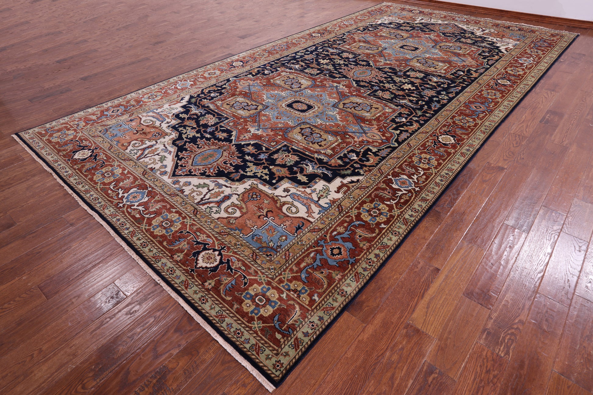 Blue Geometric Heriz Serapi Hand Knotted Wool Rug - 9' 0" X 17' 10" - Golden Nile