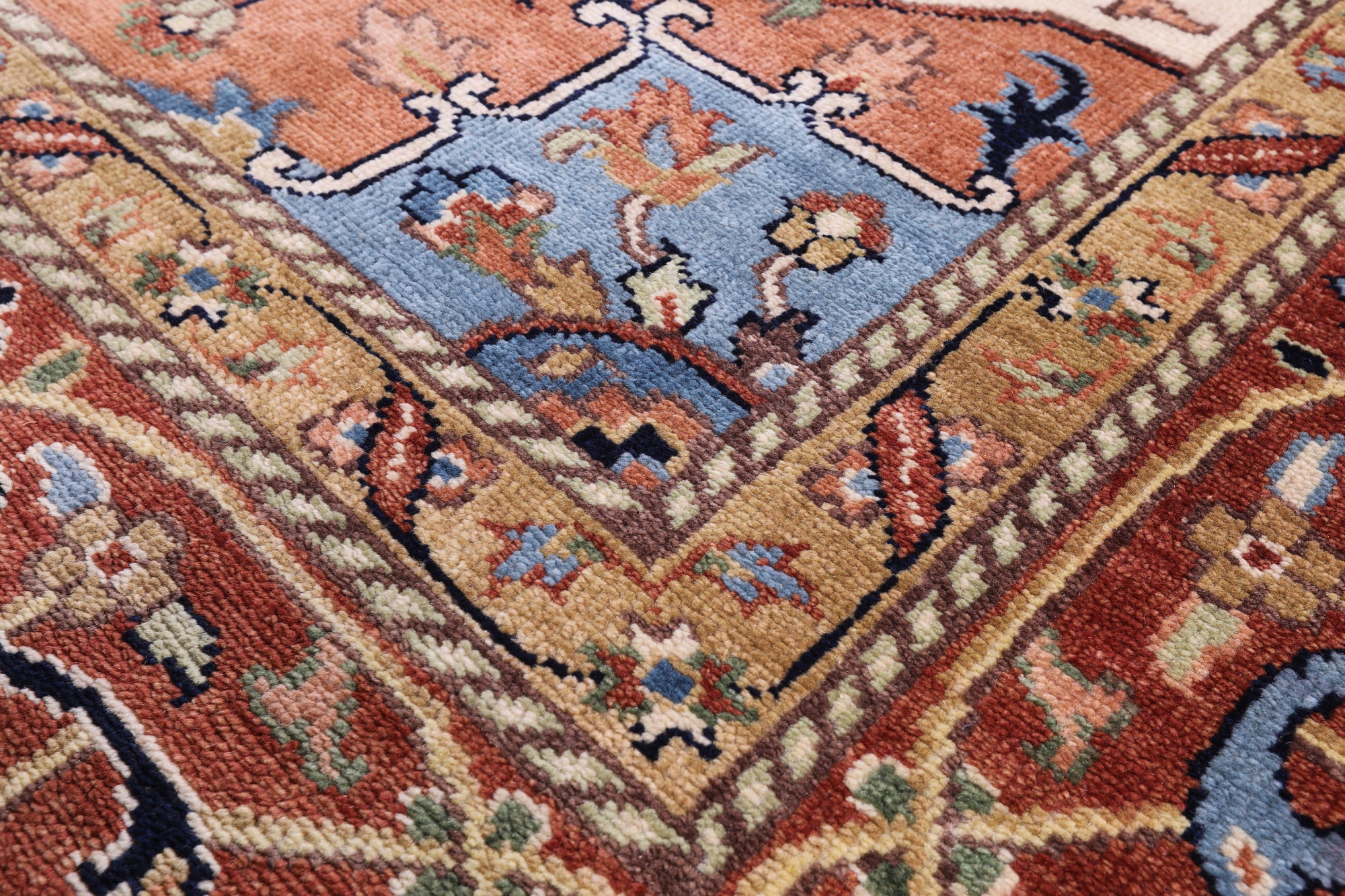 Blue Geometric Heriz Serapi Hand Knotted Wool Rug - 9' 0" X 17' 10" - Golden Nile