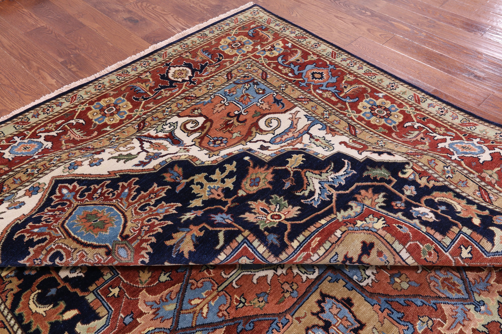 Blue Geometric Heriz Serapi Hand Knotted Wool Rug - 9' 0" X 17' 10" - Golden Nile