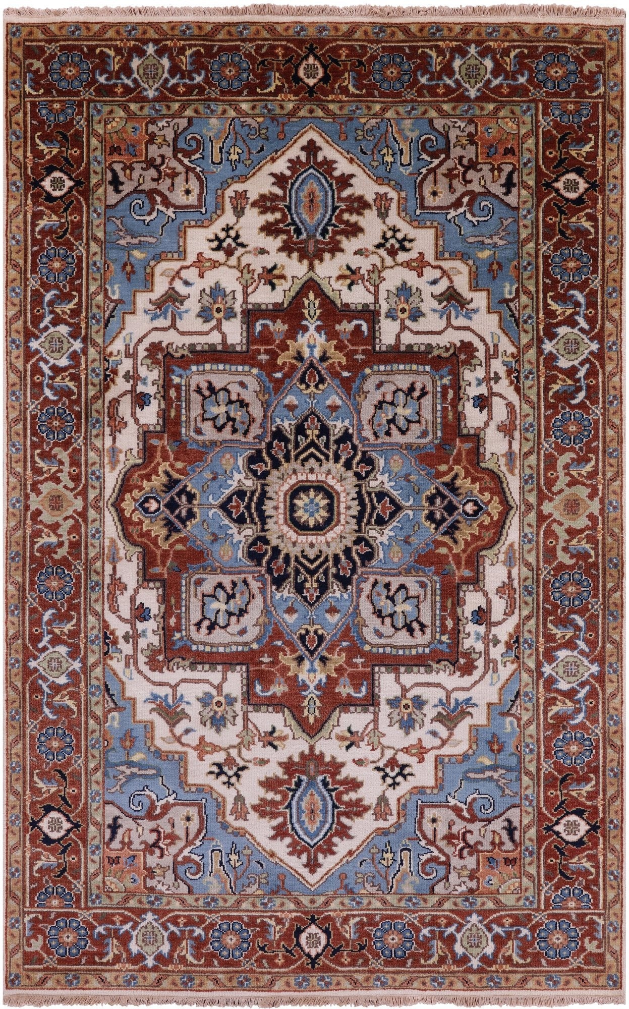 Ivory Geometric Heriz Serapi Hand Knotted Wool Rug - 5' 0" X 8' 0" - Golden Nile