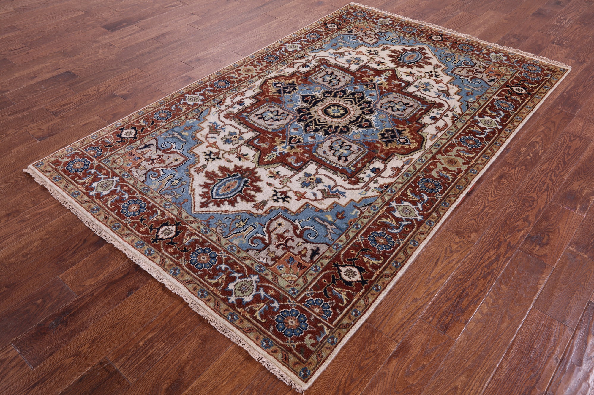 Ivory Geometric Heriz Serapi Hand Knotted Wool Rug - 5' 0" X 8' 0" - Golden Nile