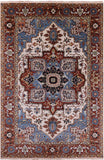 Ivory Geometric Heriz Serapi Hand Knotted Wool Rug - 5' 11" X 8' 11" - Golden Nile