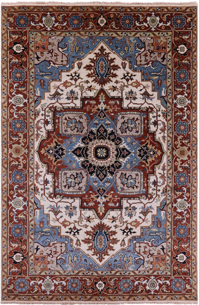 Ivory Geometric Heriz Serapi Hand Knotted Wool Rug - 5' 11" X 8' 11" - Golden Nile