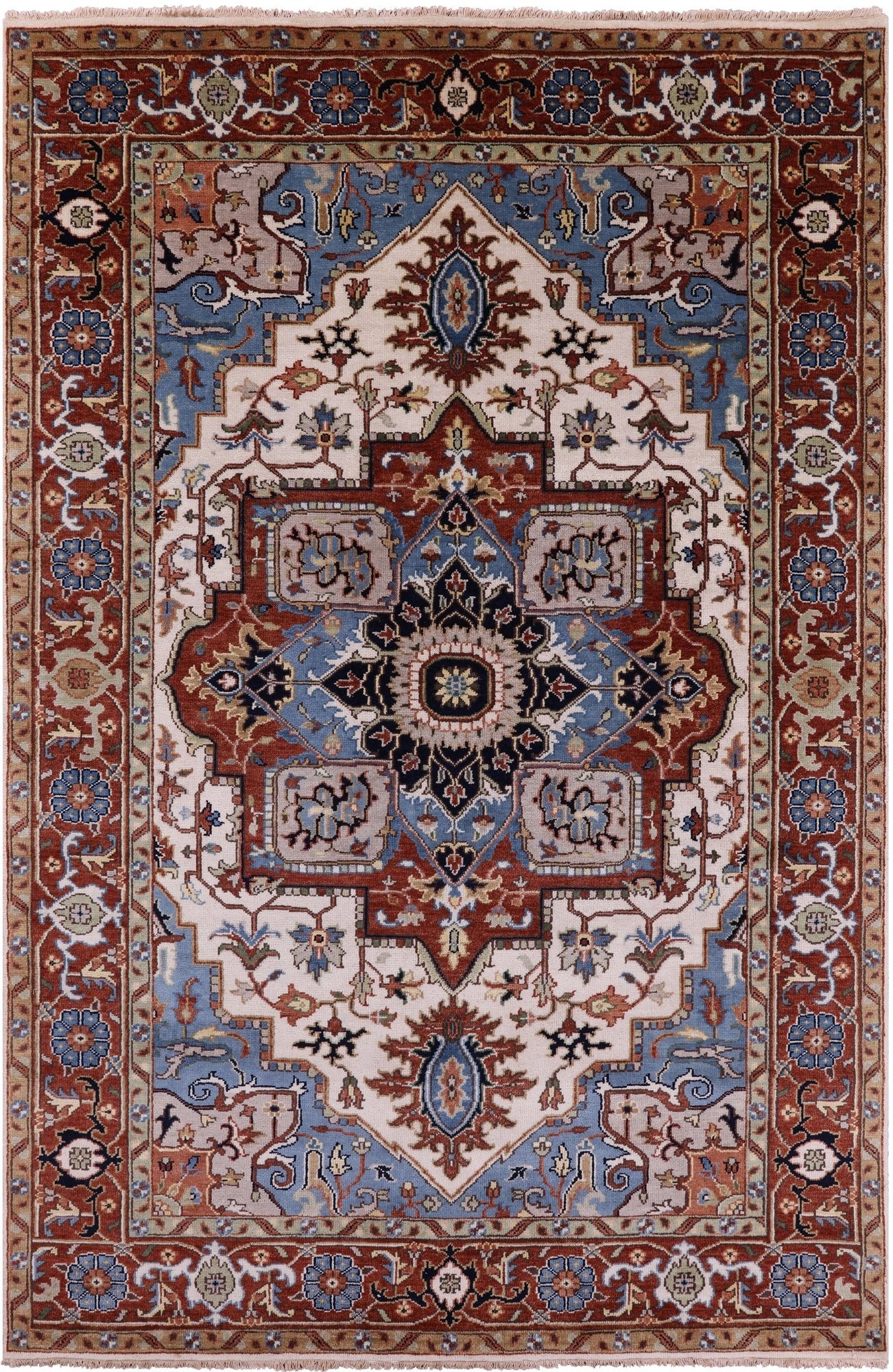 Ivory Geometric Heriz Serapi Hand Knotted Wool Rug - 5' 11" X 8' 11" - Golden Nile