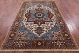 Ivory Geometric Heriz Serapi Hand Knotted Wool Rug - 5' 11" X 8' 11" - Golden Nile