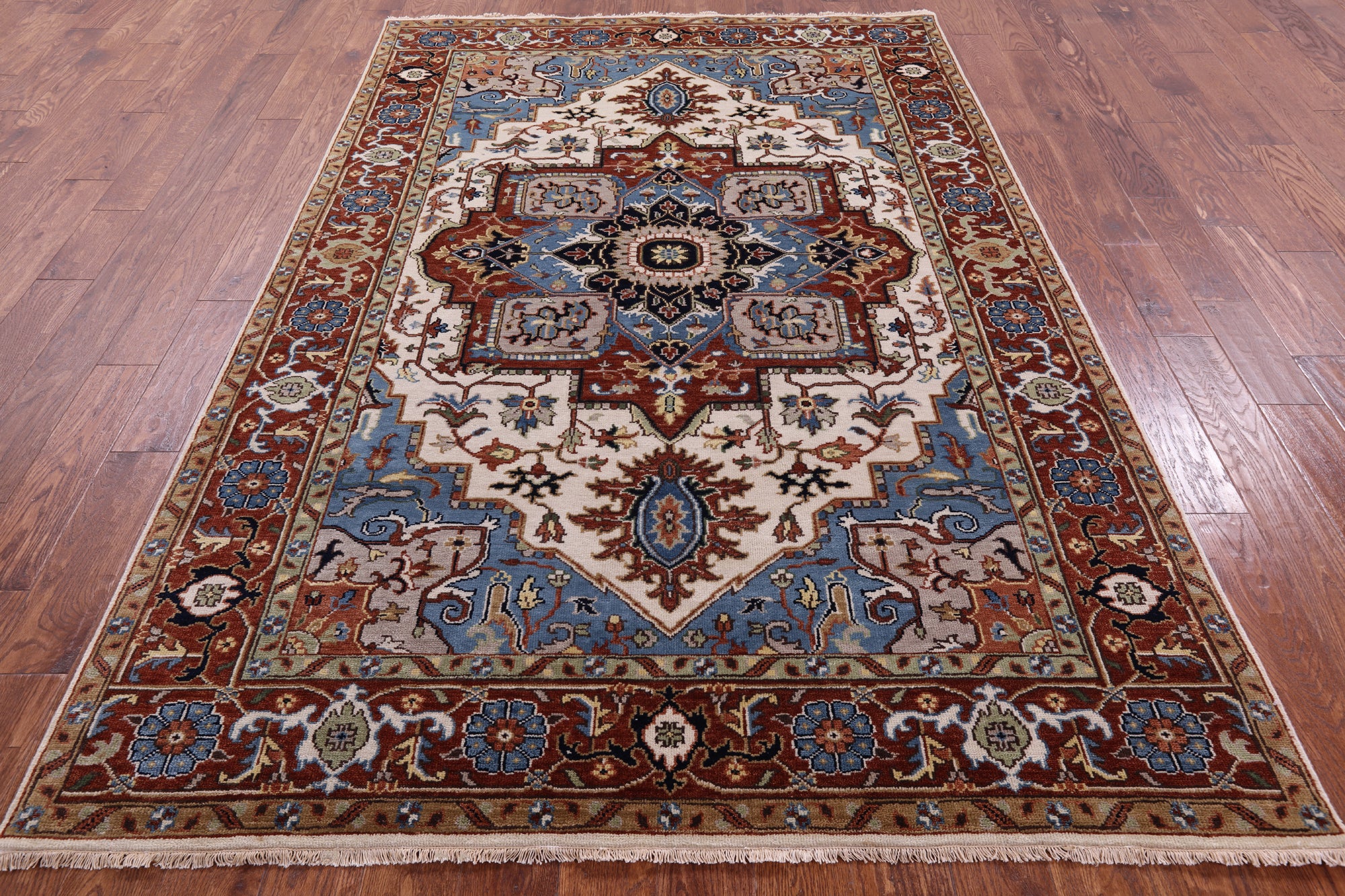 Ivory Geometric Heriz Serapi Hand Knotted Wool Rug - 5' 11" X 8' 11" - Golden Nile