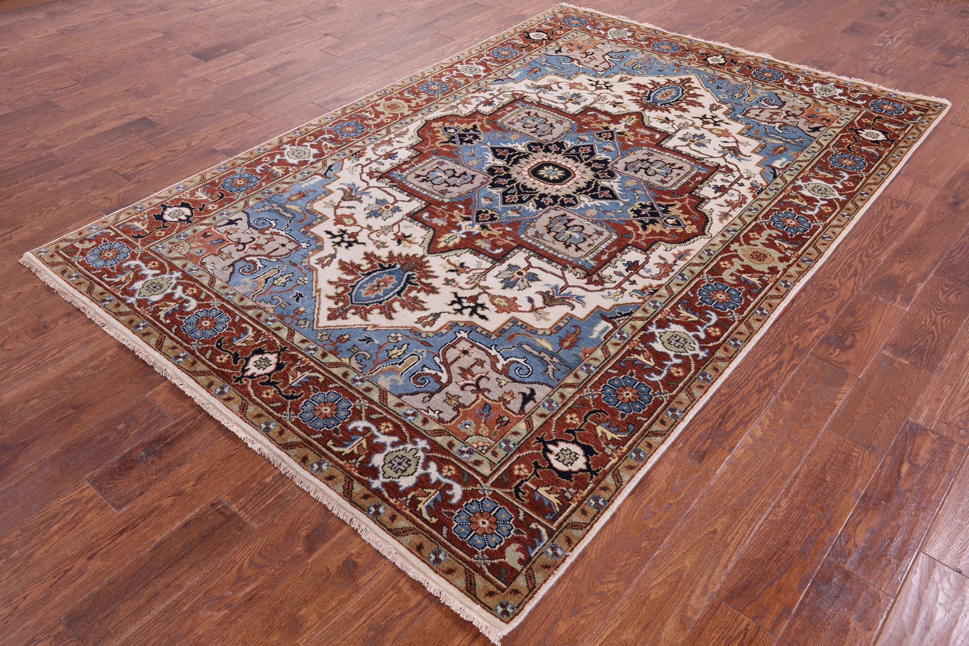 Ivory Geometric Heriz Serapi Hand Knotted Wool Rug - 5' 11" X 8' 11" - Golden Nile