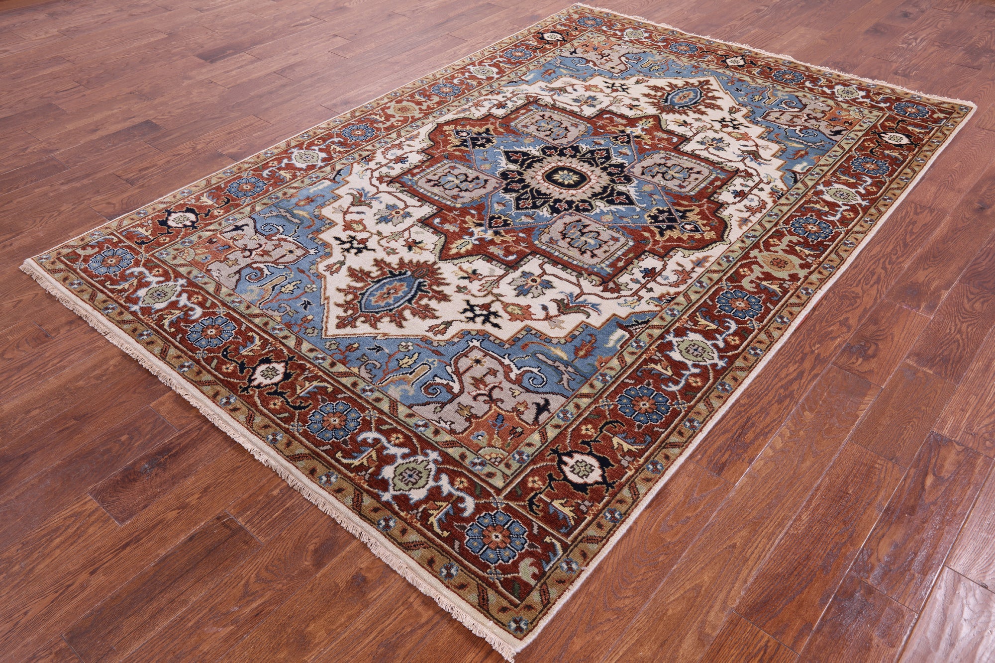 Ivory Geometric Heriz Serapi Hand Knotted Wool Rug - 5' 11" X 8' 11" - Golden Nile