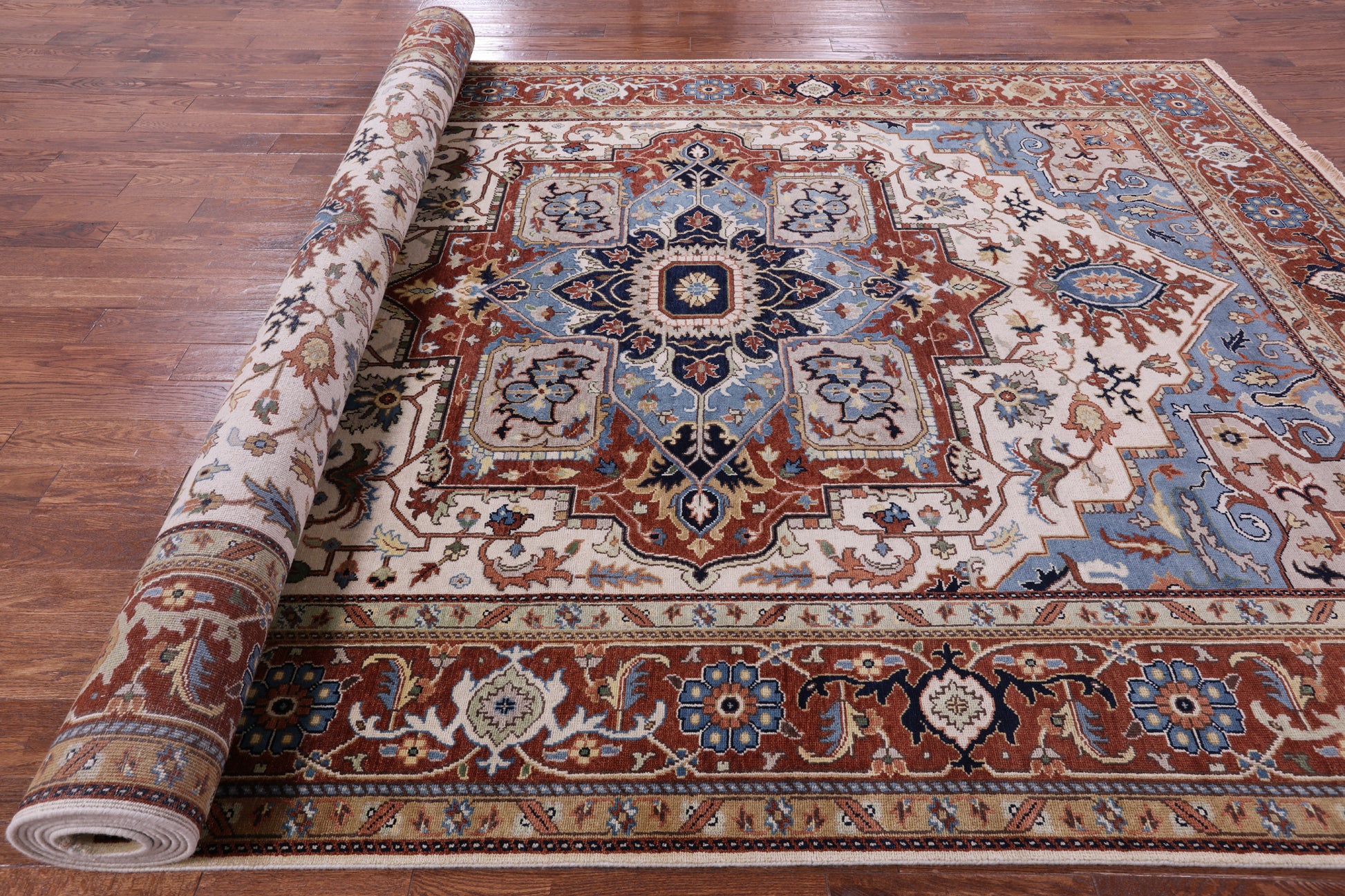 Ivory Geometric Heriz Serapi Hand Knotted Wool Rug - 8' 10" X 18' 0" - Golden Nile