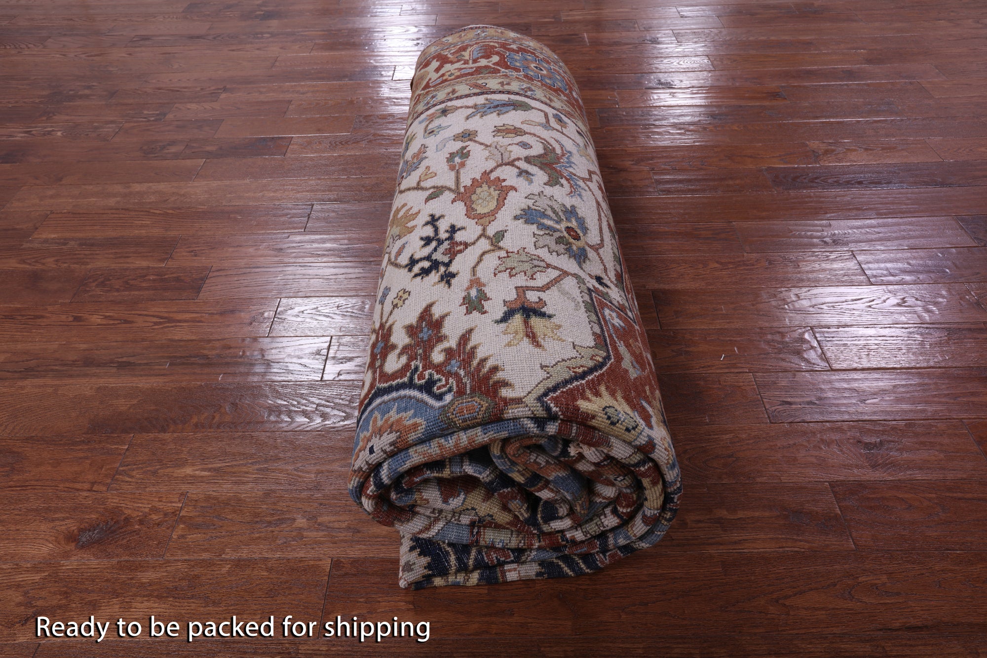 Ivory Geometric Heriz Serapi Hand Knotted Wool Rug - 8' 10" X 18' 0" - Golden Nile