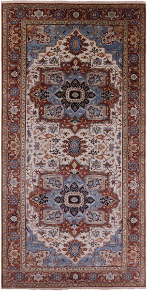 Ivory Geometric Heriz Serapi Hand Knotted Wool Rug - 8' 10" X 18' 0" - Golden Nile