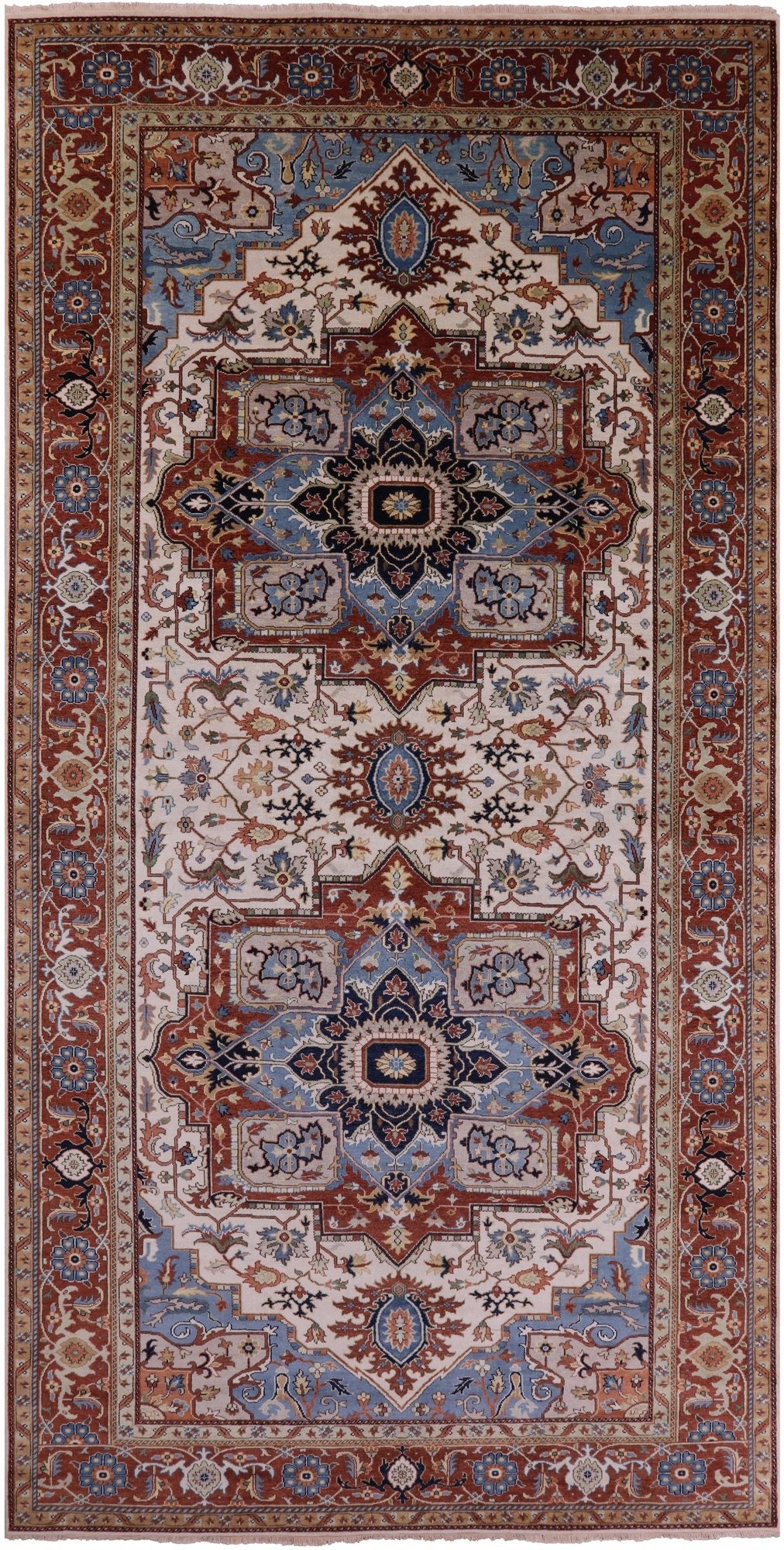 Ivory Geometric Heriz Serapi Hand Knotted Wool Rug - 8' 10" X 18' 0" - Golden Nile