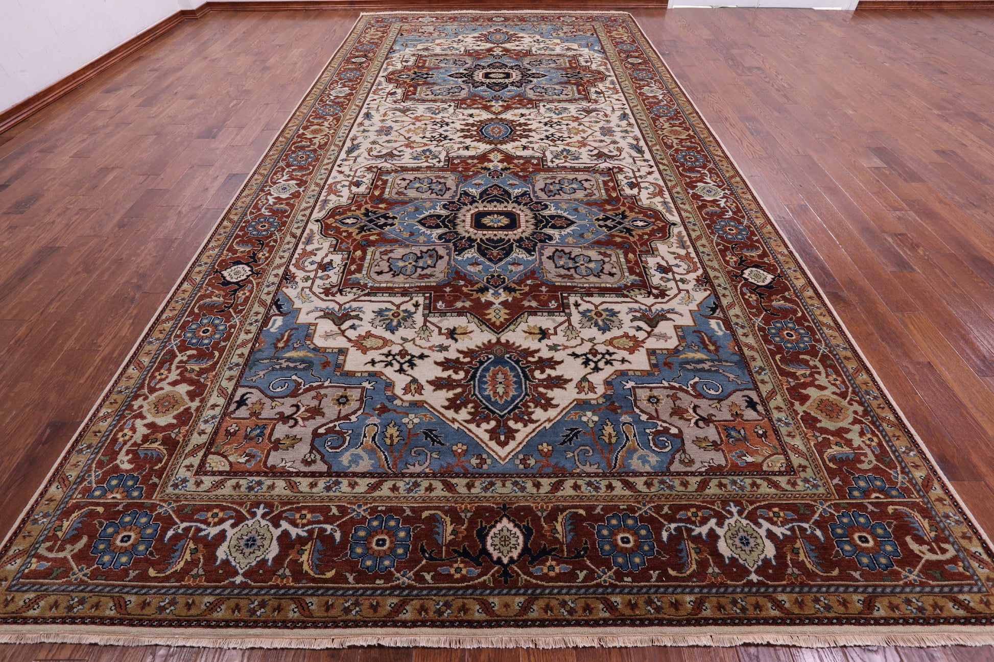 Ivory Geometric Heriz Serapi Hand Knotted Wool Rug - 8' 10" X 18' 0" - Golden Nile