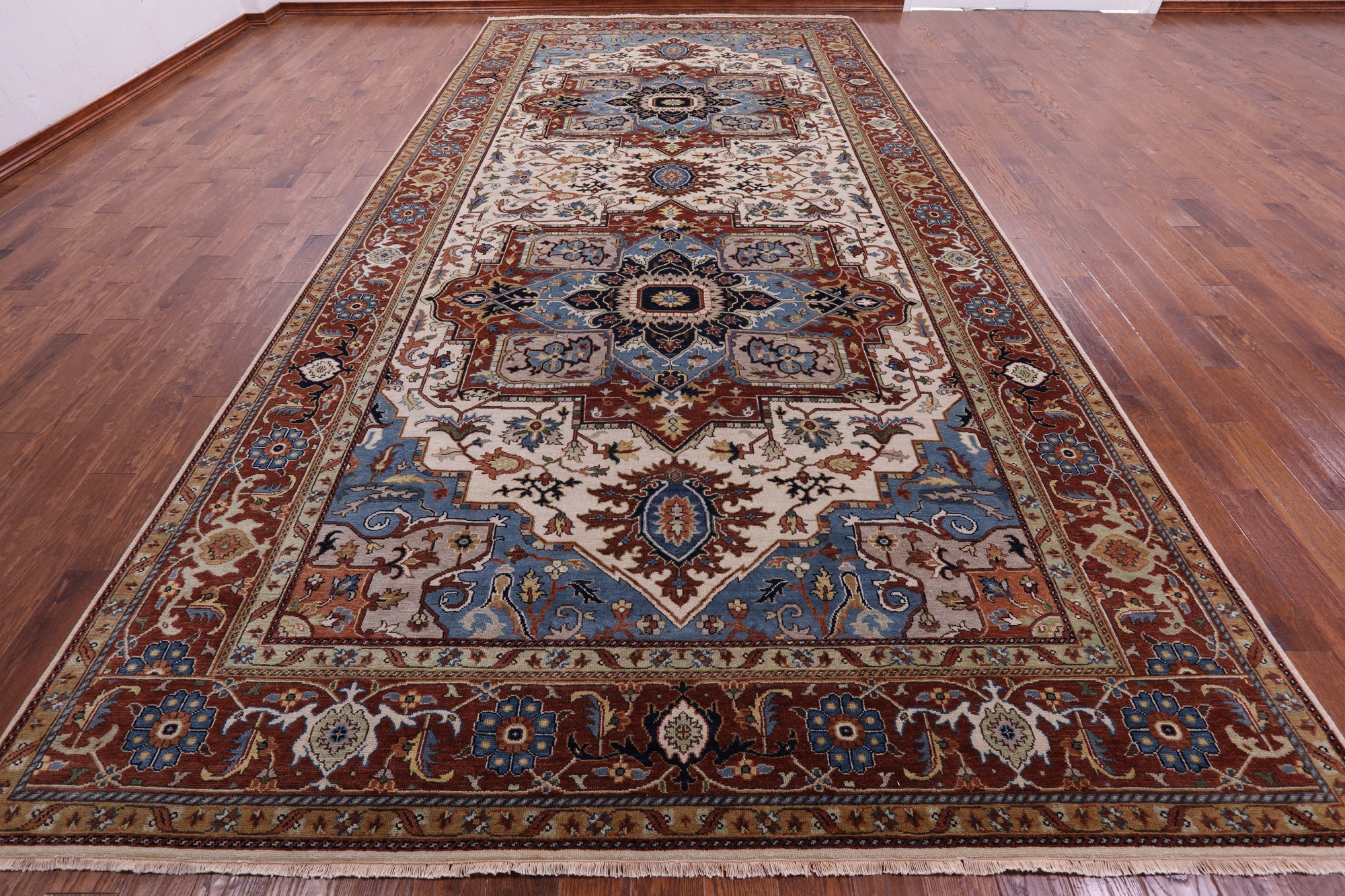 Ivory Geometric Heriz Serapi Hand Knotted Wool Rug - 8' 10" X 18' 0" - Golden Nile