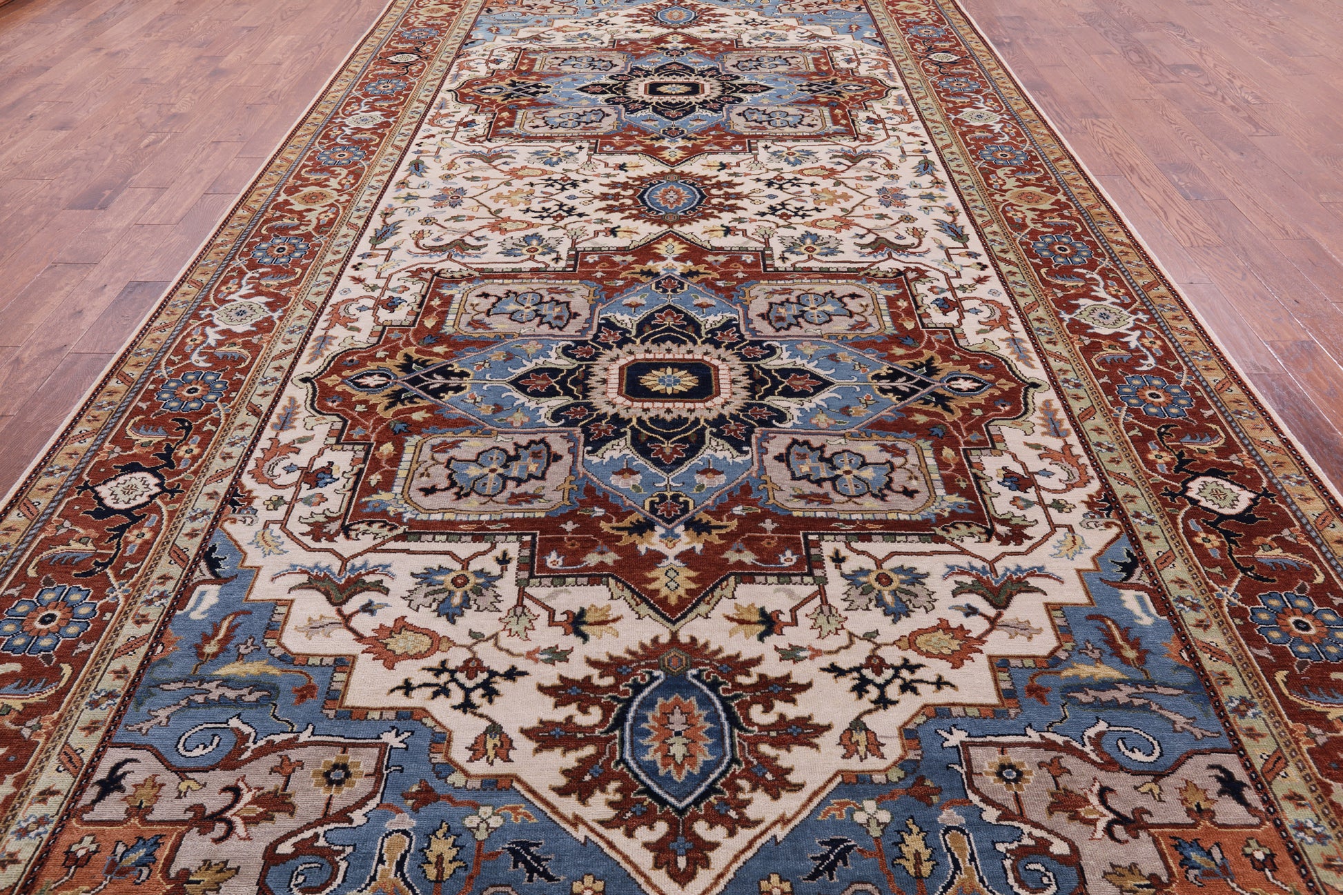 Ivory Geometric Heriz Serapi Hand Knotted Wool Rug - 8' 10" X 18' 0" - Golden Nile