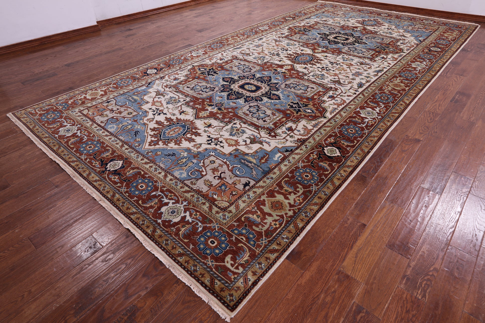 Ivory Geometric Heriz Serapi Hand Knotted Wool Rug - 8' 10" X 18' 0" - Golden Nile