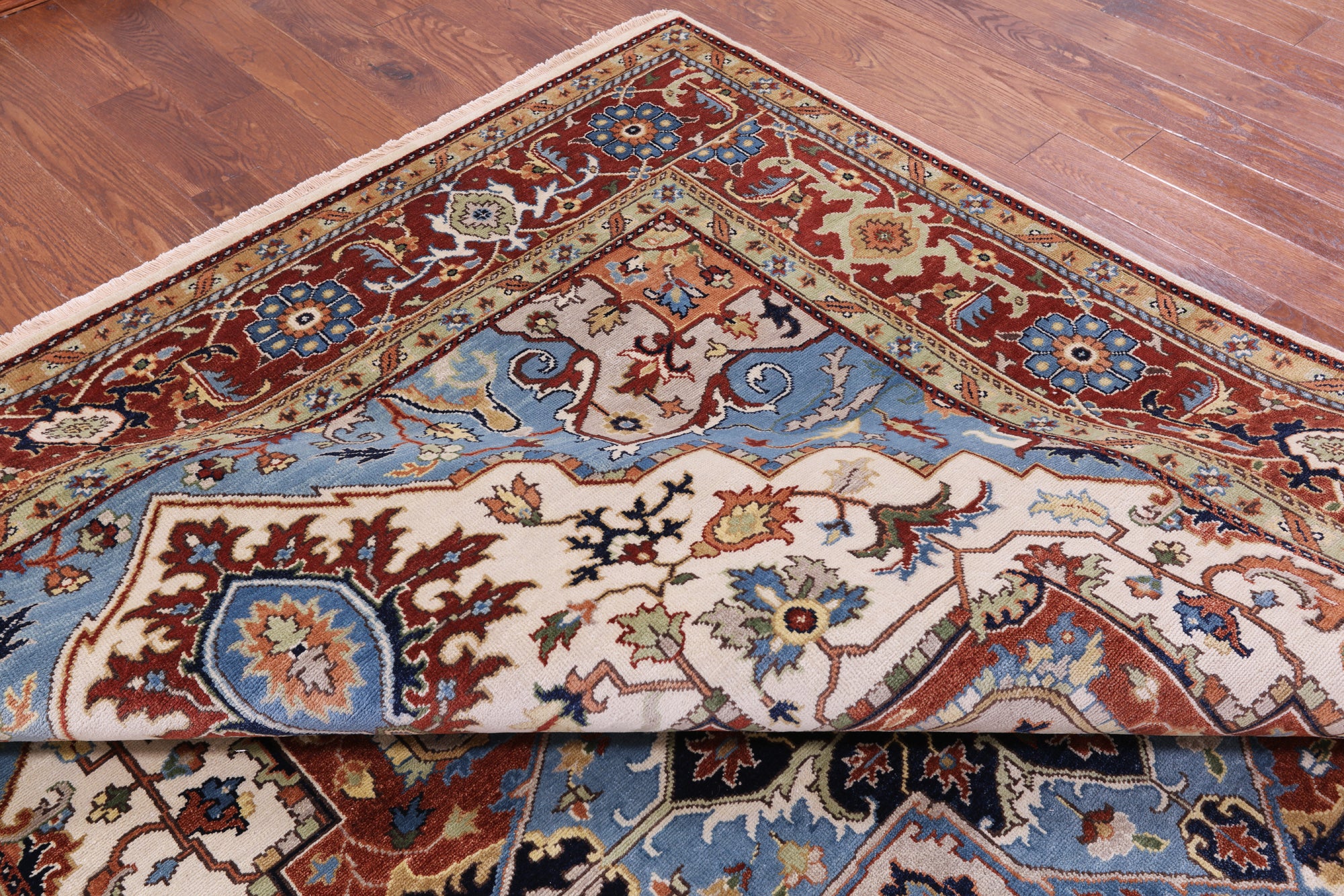 Ivory Geometric Heriz Serapi Hand Knotted Wool Rug - 8' 10" X 18' 0" - Golden Nile