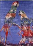 Parrots Design Contemporary Hand Knotted Silk Rug - 8' 10" X 12' 4" - Golden Nile