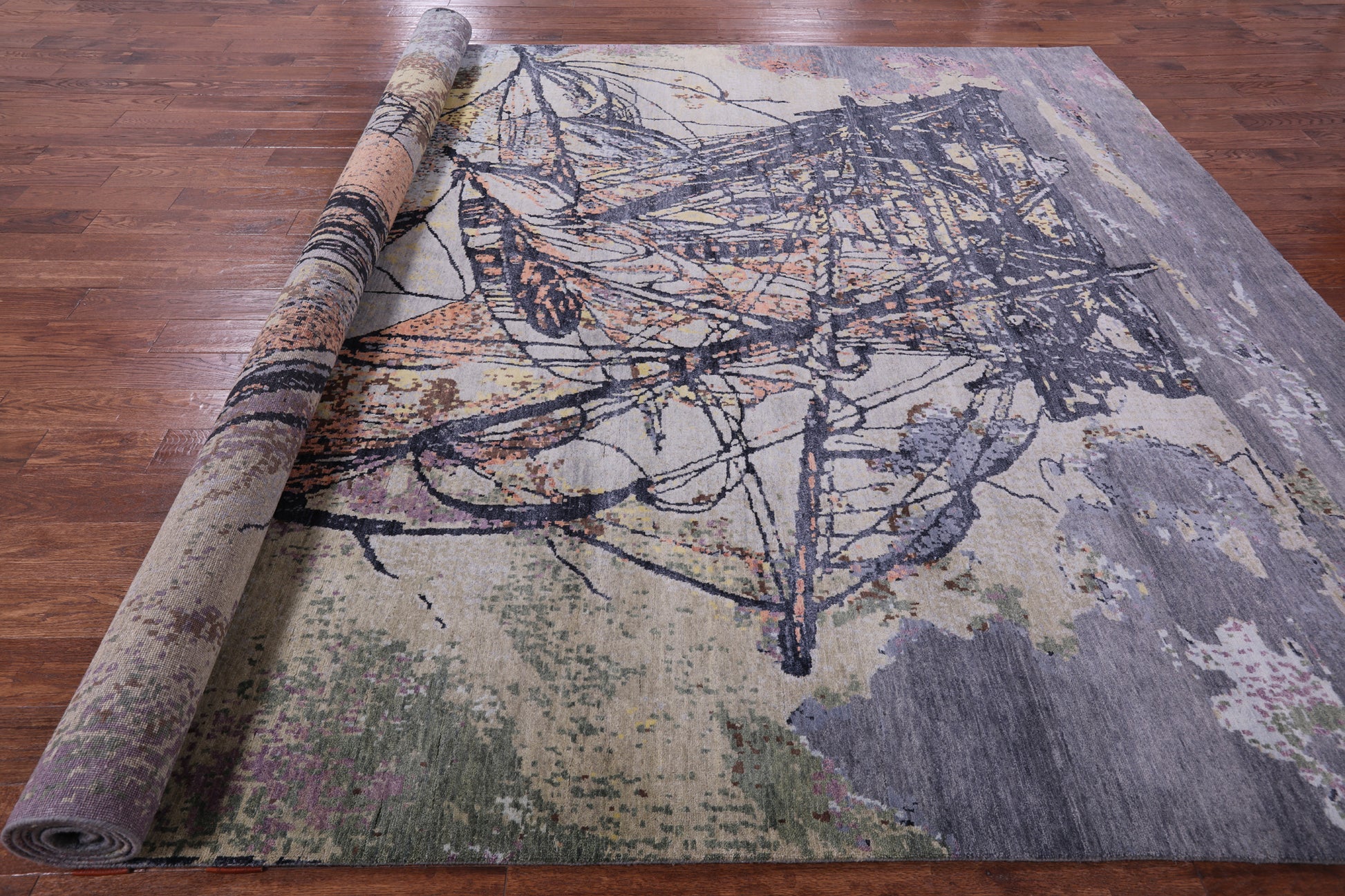 Sailing Ship Design Contemporary Hand Knotted Wool & Silk Rug - 9' 10" X 14' 2" - Golden Nile