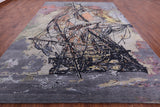 Sailing Ship Design Contemporary Hand Knotted Wool & Silk Rug - 9' 10" X 14' 2" - Golden Nile