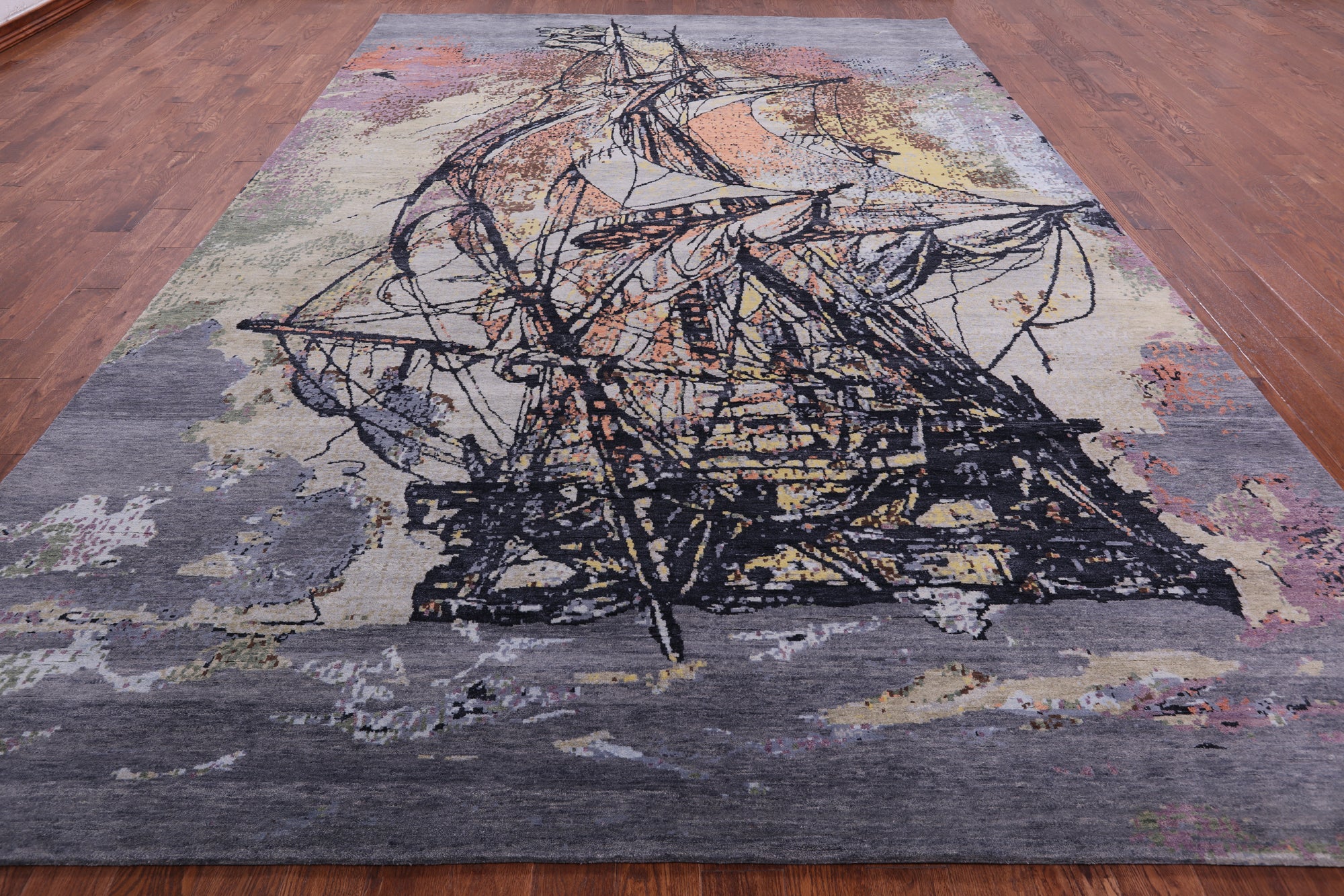 Sailing Ship Design Contemporary Hand Knotted Wool & Silk Rug - 9' 10" X 14' 2" - Golden Nile