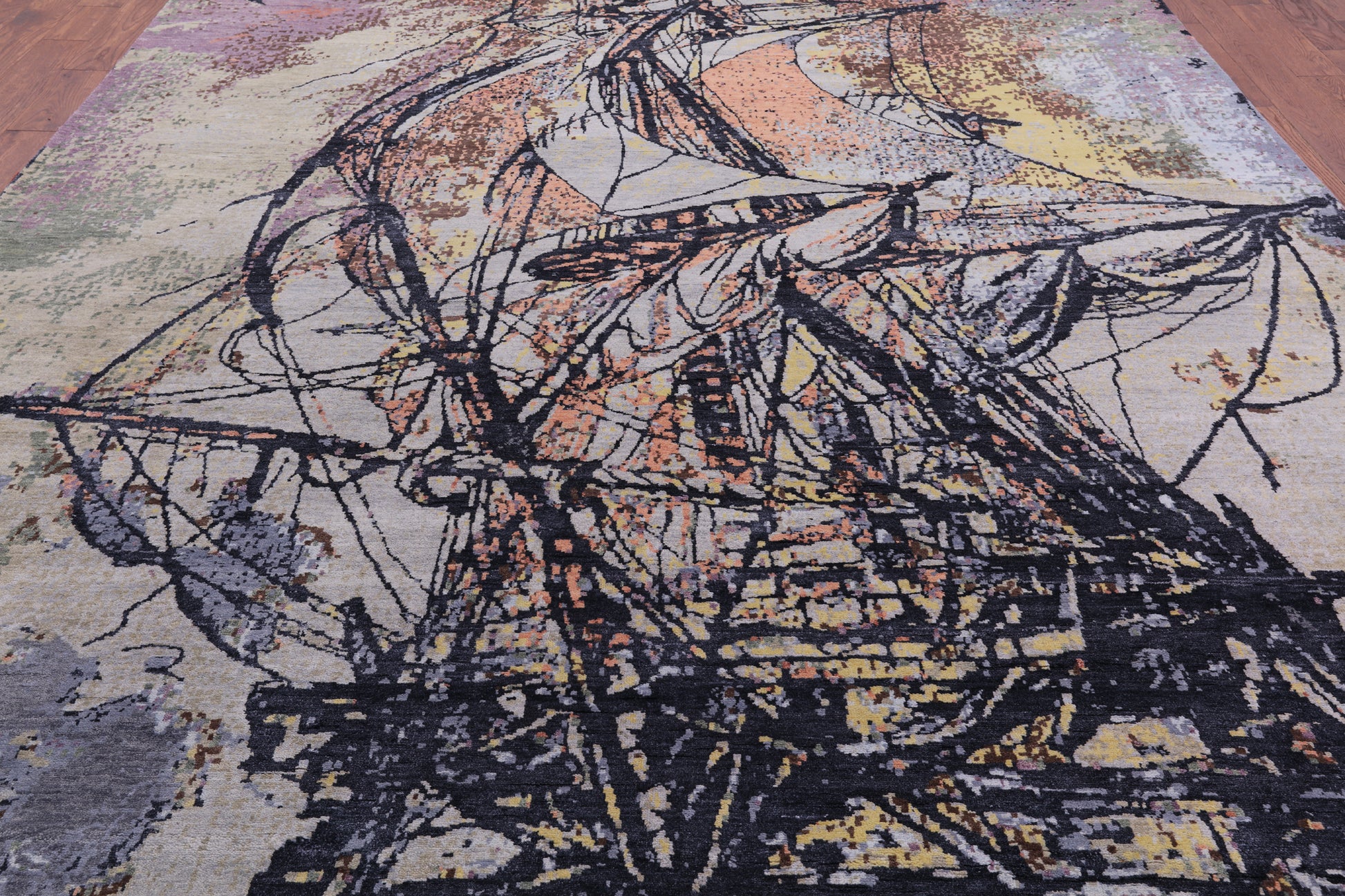 Sailing Ship Design Contemporary Hand Knotted Wool & Silk Rug - 9' 10" X 14' 2" - Golden Nile