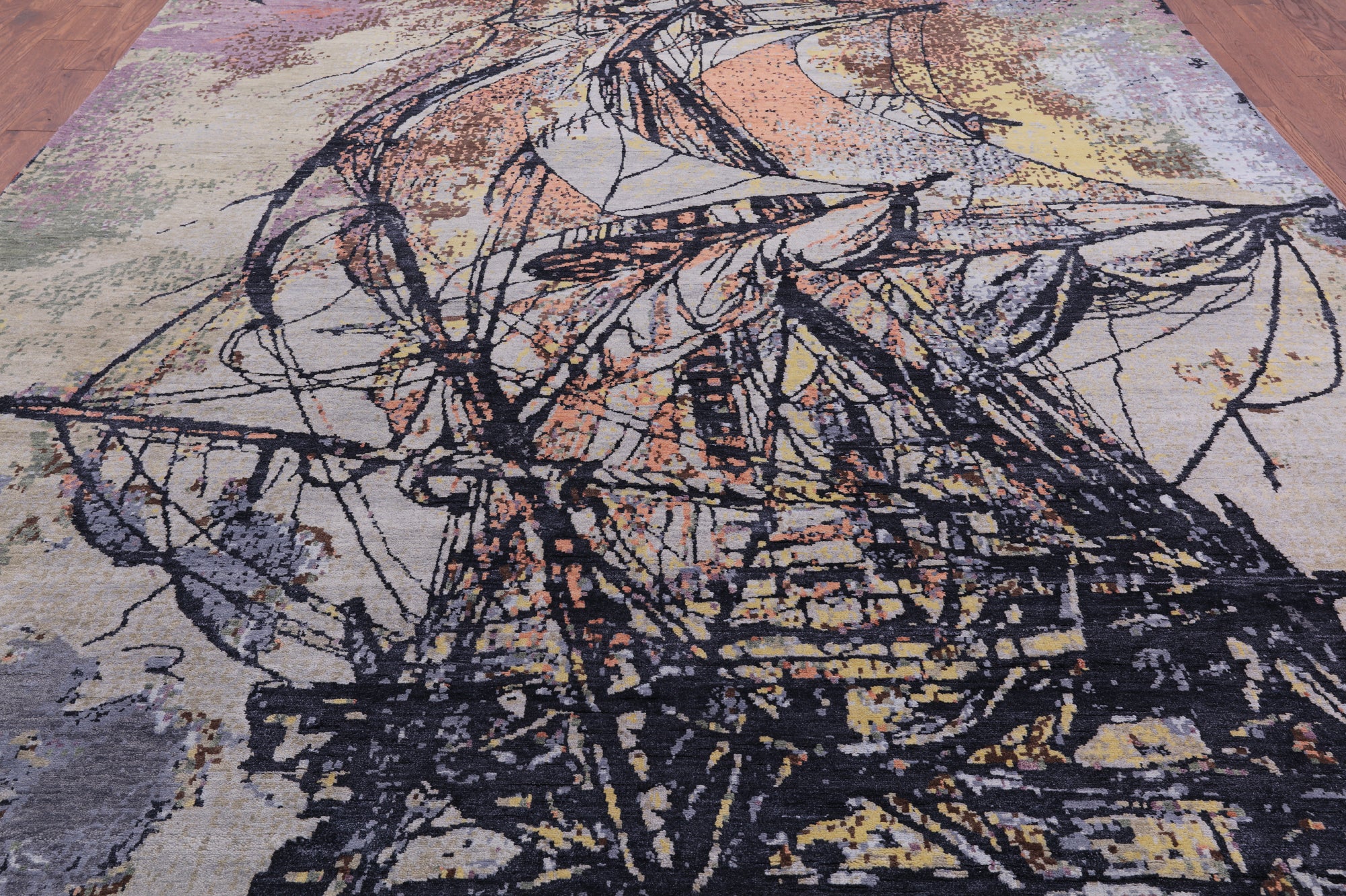 Sailing Ship Design Contemporary Hand Knotted Wool & Silk Rug - 9' 10" X 14' 2" - Golden Nile