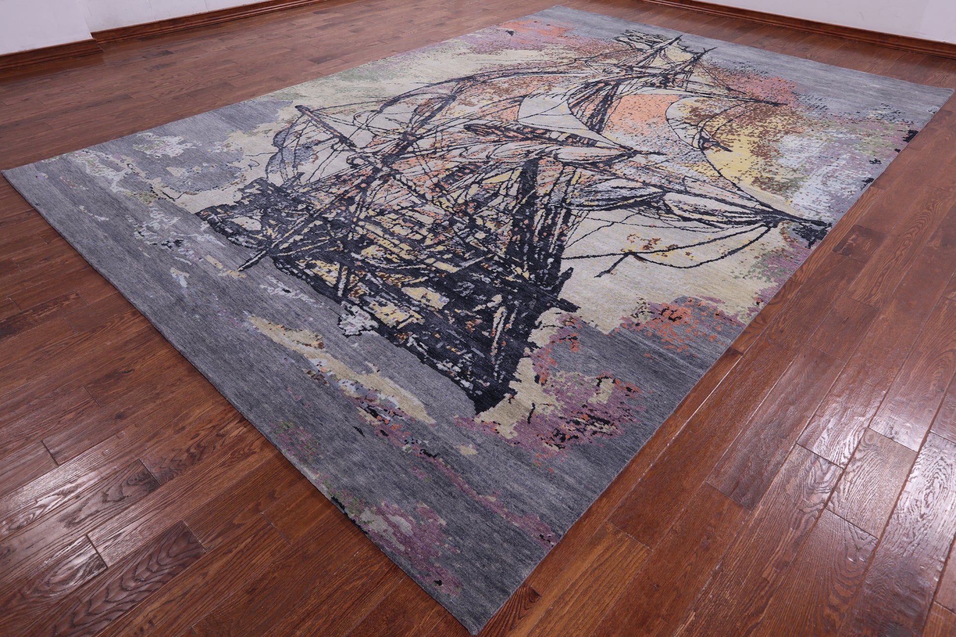 Sailing Ship Design Contemporary Hand Knotted Wool & Silk Rug - 9' 10" X 14' 2" - Golden Nile