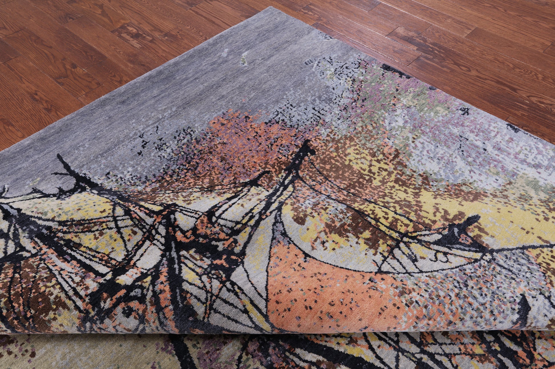 Sailing Ship Design Contemporary Hand Knotted Wool & Silk Rug - 8' 11" X 12' 1" - Golden Nile