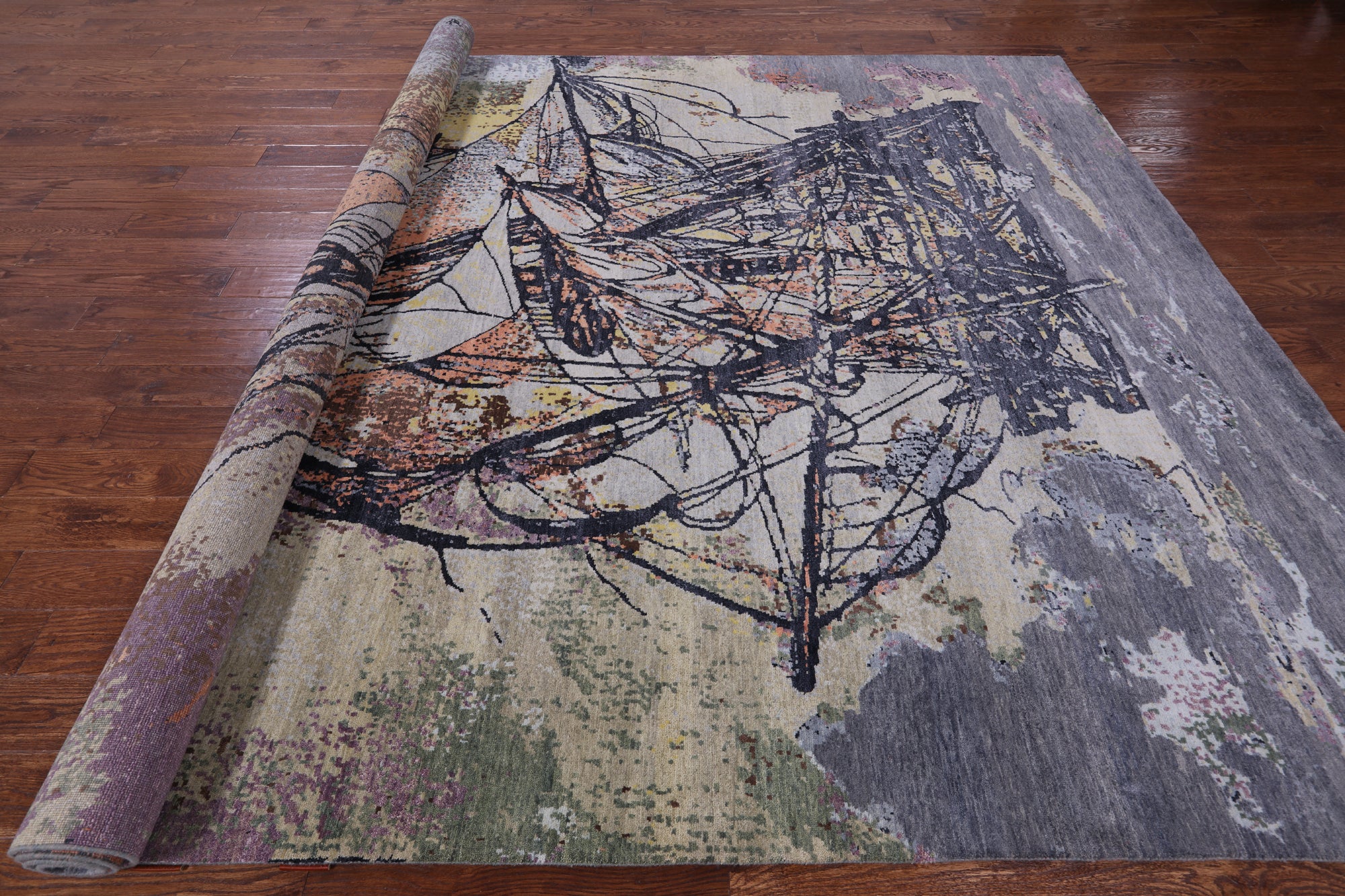 Sailing Ship Design Contemporary Hand Knotted Wool & Silk Rug - 8' 11" X 12' 1" - Golden Nile