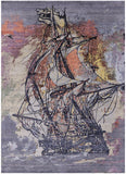 Sailing Ship Design Contemporary Hand Knotted Wool & Silk Rug - 8' 11" X 12' 1" - Golden Nile