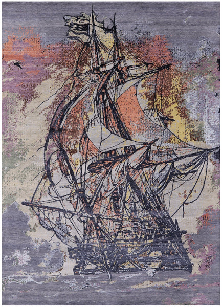Sailing Ship Design Contemporary Hand Knotted Wool & Silk Rug - 8' 11" X 12' 1" - Golden Nile